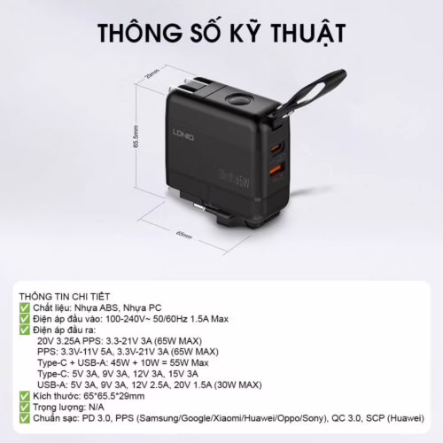 Củ sạc du lịch đa quốc gia 65W LDNIO Q2618